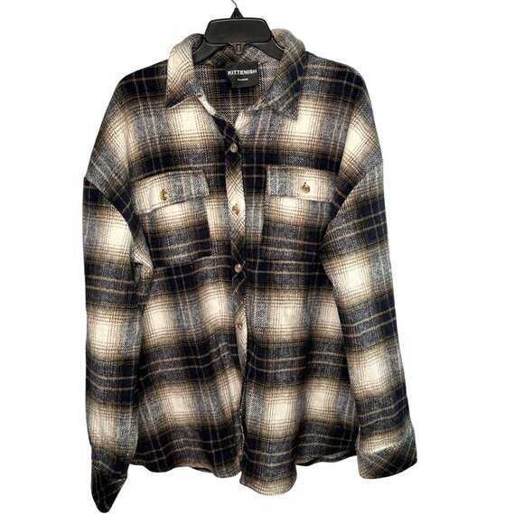 Kittenish Women's Oversized Button-Up Shacket Shirt X-Large Navy & Beige - Picture 1 of 8